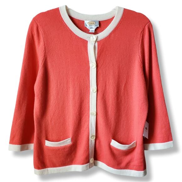Women Talbots Coral Ivory Cashmere Cardigan PL Ladylike Retro Classic Career NEW - Picture 1 of 11